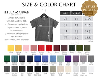 Bella Canvas 3001T Color Chart, Toddler Size and Color Guide - 3001T Color & Size Table, All Colors