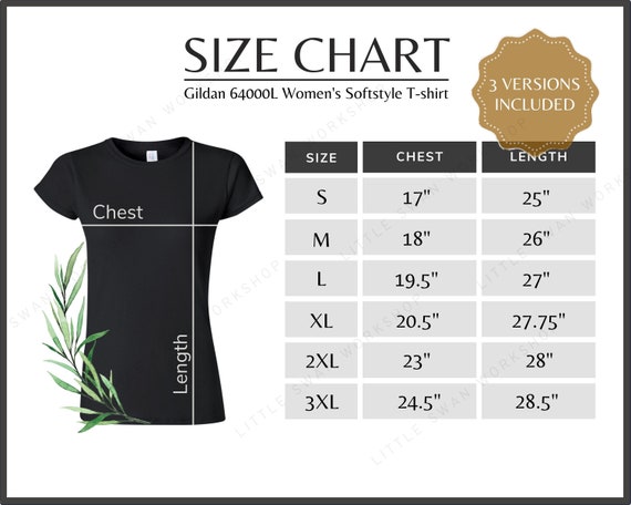 Gildan 64000L Size Chart: Black Mockup & Size Table (digital