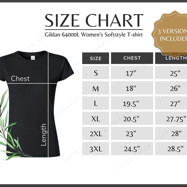 Gildan 64000L Size Chart, 64000 L Size Guide, G640L Black Mockup and Size Table, White background