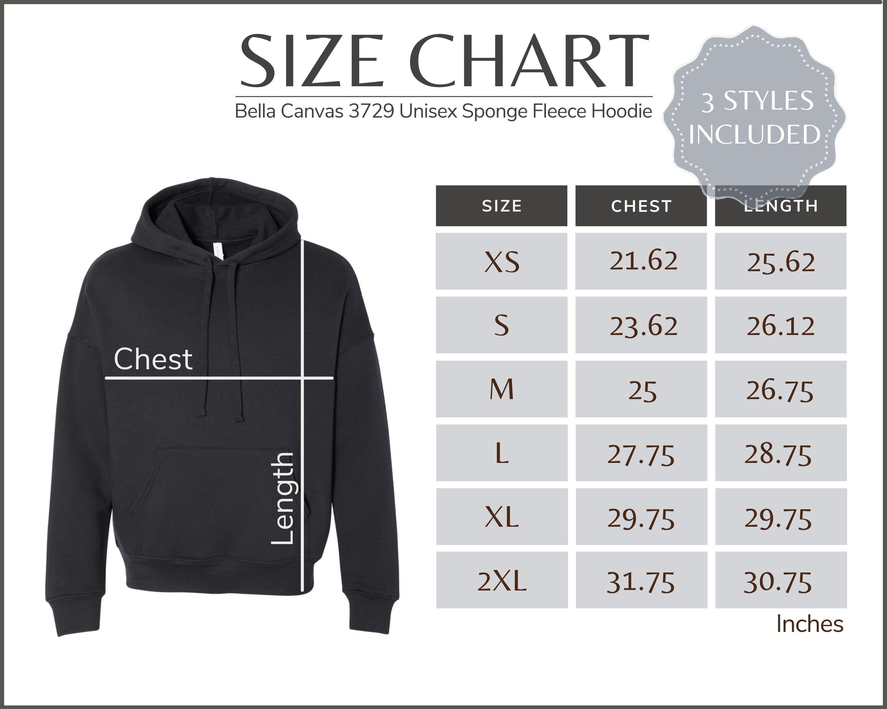 Bella Canvas 3729 Size Chart 3729 Unisex Sponge Fleece Hoodie Size ...