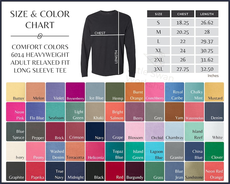 May include: Size and color chart for a long-sleeved t-shirt. The chart shows the chest and length measurements in inches for sizes S through 3XL. The chart also includes a color palette of 48 different colors.