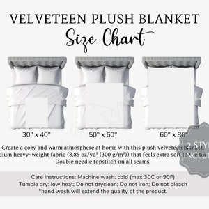 Velveteen Plush Blanket Size Chart, 2 versions included