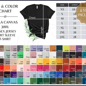 Tabla de colores Bella Canvas 3001, tabla de tallas y colores sólidos de camisetas unisex BC, guía de tallas para todos los colores sólidos
