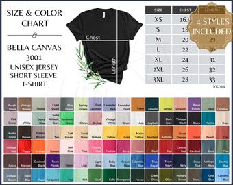 Bella Canvas 3001 Color Chart, BC Unisex Tee Solid Color and Size Chart, Sizing Guide All Solid Colors