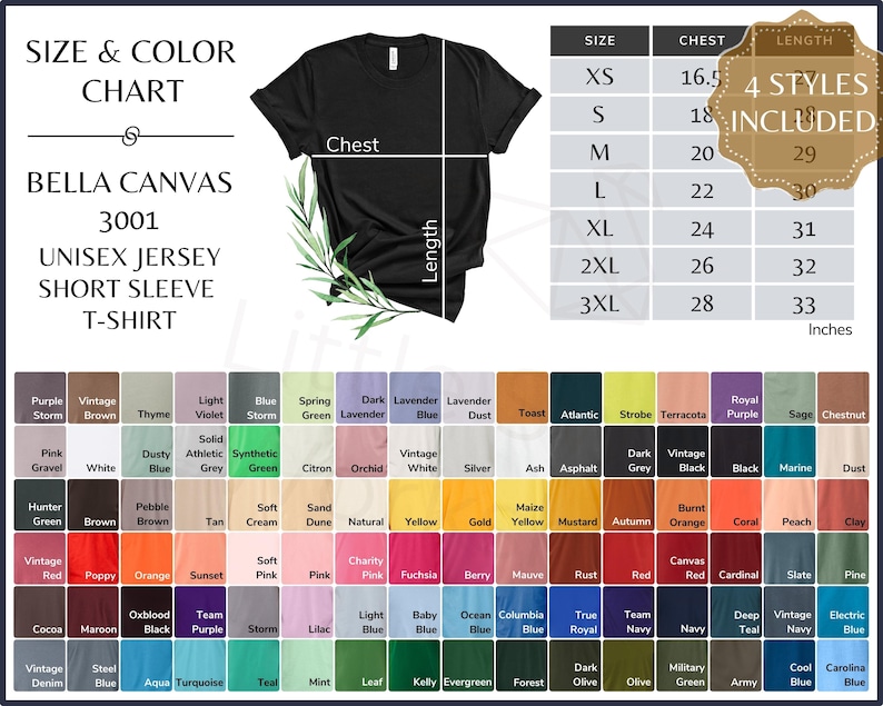 May include: Size chart for Bella Canvas 3001 unisex jersey short sleeve t-shirt. The chart shows sizes XS to 3XL with corresponding chest and length measurements in inches. The chart also includes a color chart with over 50 different colors.