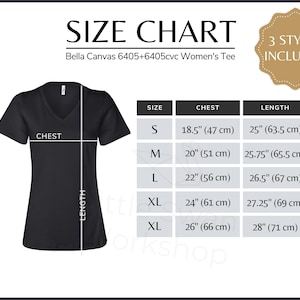 May include: Size chart for a women's v-neck t-shirt. The chart shows the chest and length measurements in inches and centimetres for sizes S, M, L, XL, and 2XL.