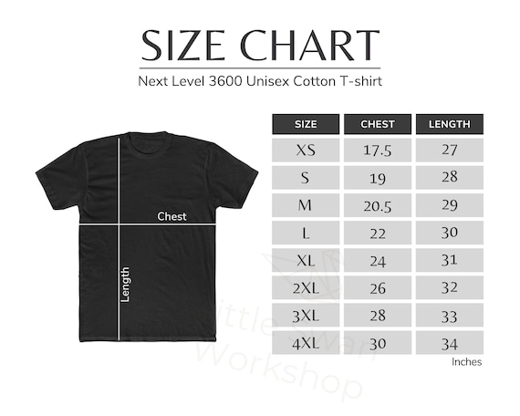 Next Level 3600 Tシャツ サイズ表、ユニセックス サイズガイド