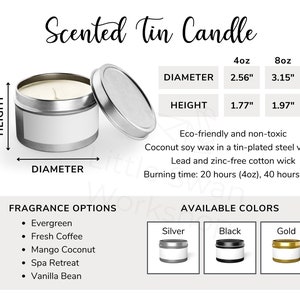 Tabela de tamanhos de velas de lata perfumadas, guia de tamanhos para velas de lata, opções de fragrância e cor