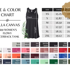 Tabla de colores de Bella Canvas 8800, tabla de colores y tallas de camisetas sin mangas con espalda cruzada holgadas para mujer de BC, guía de todos los colores