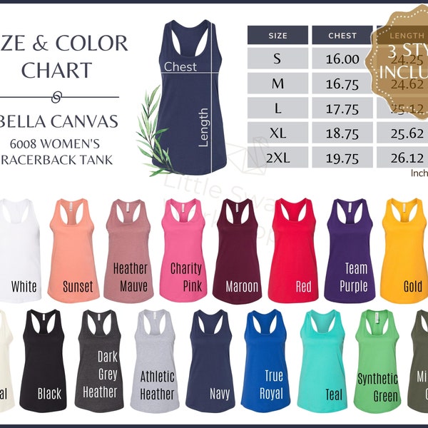 Bella Canvas 6008 Color Chart - 6008 Women's Racerback Tank Size Chart - Bella Canvas 6008 All Colors Mockup, Size Guide, Every Color 2021