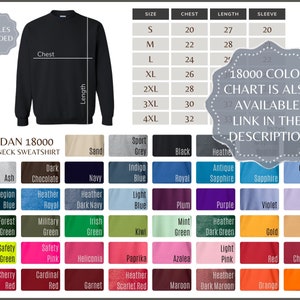 Pode incluir: Uma camisola de gola redonda Gildan 18000 preta com um gr&aacute;fico de tamanhos que mostra as medidas do peito, comprimento e manga em polegadas. O gr&aacute;fico inclui os tamanhos S a 4XL. Tamb&eacute;m est&aacute; dispon&iacute;vel uma tabela de cores com mais de 18.000 cores. A tabela de cores inclui cores como areia, cinza desportivo, preto, mescla, azul &iacute;ndigo, azul real, safira antiga, safira, azul Carolina, azul legi&atilde;o, mescla real, mescla azul escuro, azul claro, ameixa, roxo, violeta, orqu&iacute;dea, verde floresta, verde militar, verde irland&ecirc;s, kiwi, verde menta, mescla verde escuro, dourado, dourado velho, verde seguran&ccedil;a, rosa seguran&ccedil;a, heliconia, p&aacute;prica, az&aacute;lea, rosa claro, vermelho, vermelho cereja antigo, vermelho cereja, vermelho cardeal, gren&aacute;, vermelho escarlate, mogno, mogno escuro, laranja e laranja de seguran&ccedil;a.