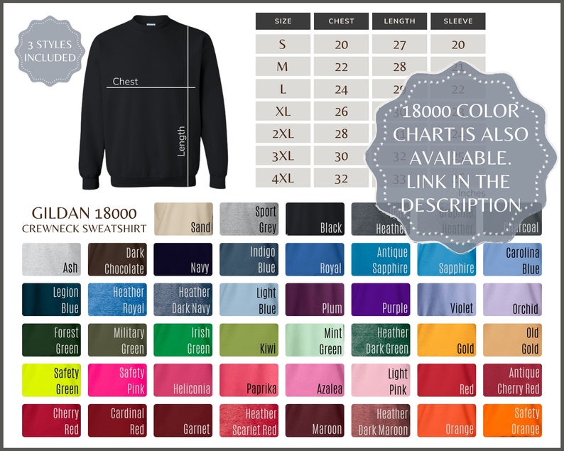 Pode incluir: Uma camisola de gola redonda Gildan 18000 preta com um gr&aacute;fico de tamanhos que mostra as medidas do peito, comprimento e manga em polegadas. O gr&aacute;fico inclui os tamanhos S a 4XL. Tamb&eacute;m est&aacute; dispon&iacute;vel uma tabela de cores com mais de 18.000 cores. A tabela de cores inclui cores como areia, cinza desportivo, preto, mescla, azul &iacute;ndigo, azul real, safira antiga, safira, azul Carolina, azul legi&atilde;o, mescla real, mescla azul escuro, azul claro, ameixa, roxo, violeta, orqu&iacute;dea, verde floresta, verde militar, verde irland&ecirc;s, kiwi, verde menta, mescla verde escuro, dourado, dourado velho, verde seguran&ccedil;a, rosa seguran&ccedil;a, heliconia, p&aacute;prica, az&aacute;lea, rosa claro, vermelho, vermelho cereja antigo, vermelho cereja, vermelho cardeal, gren&aacute;, vermelho escarlate, mogno, mogno escuro, laranja e laranja de seguran&ccedil;a.