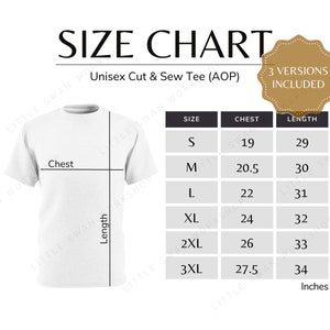 MWW Unisex Cut & Sew Tee Size Chart, AOP T-shirt Sizing Guide