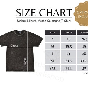 Könnte beinhalten: Größentabelle für ein Unisex Mineral Wash Colortone T-Shirt. Die Tabelle enthält Brust- und Längenmaße in Zoll für die Größen S, M, L, XL und 2XL. Das T-Shirt hat eine dunkelgraue Farbe.