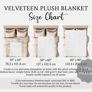 Velveteen Plush Blanket Size Chart, 3 versions included