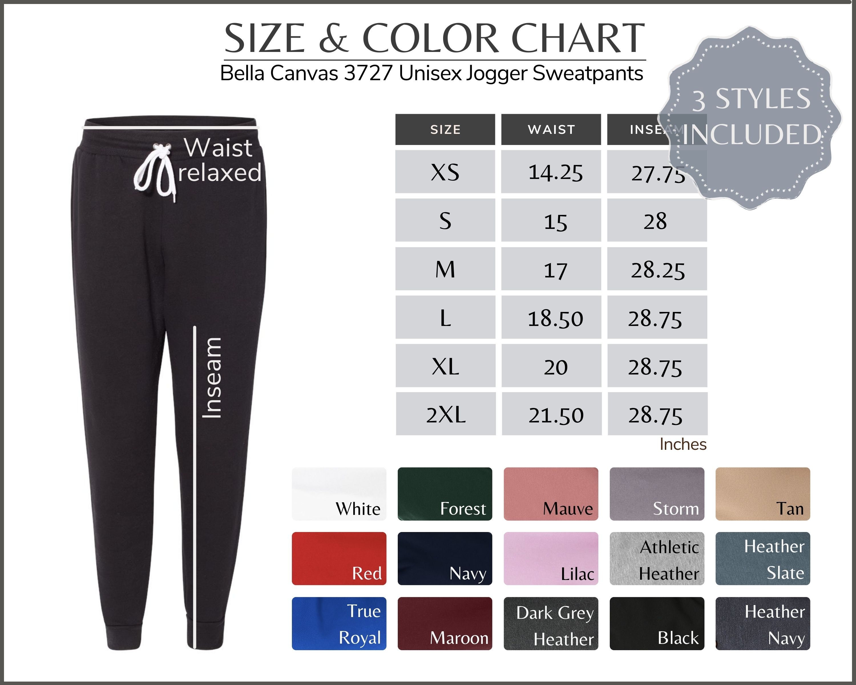 Nødvendig Tablet foretrækkes Bella Canvas 3727 Color Chart 3727 Unisex Joggers Size and - Etsy