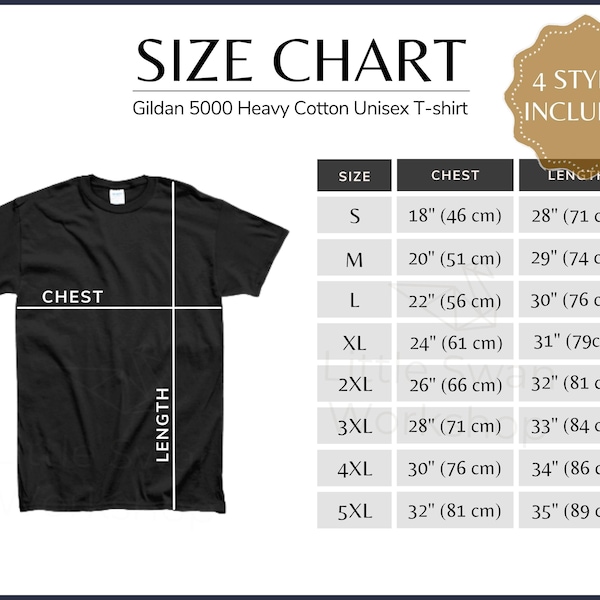 Gildan 5000 Size Chart Inch & cm, Metric Size Guide, G500 Size Table