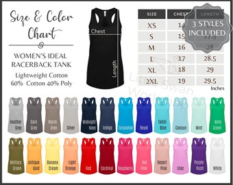 Könnte beinhalten: Eine Größentabelle für Racerback-Tanktops in verschiedenen Farben. Die Tabelle zeigt die Brust- und Längenmaße in Zoll für die Größen XS bis 2XL. Die Tanktops bestehen aus 60% Baumwolle und 40% Polyester.