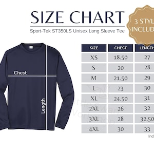 Sport-Tek ST350LS Size Chart, Adult Long Sleeve Tee Size Table