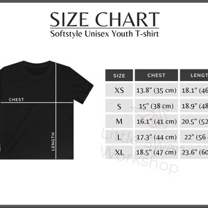 May include: Size chart for a youth t-shirt with measurements in inches and centimetres. Sizes include XS, S, M, L, and XL. The chart shows chest and length measurements.