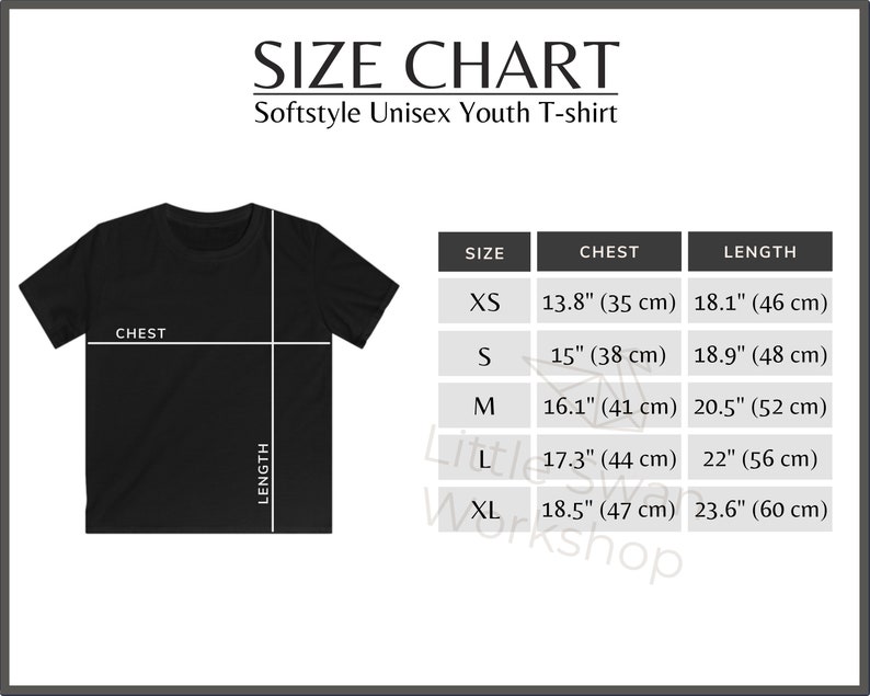 May include: Size chart for a youth t-shirt with measurements in inches and centimetres. Sizes include XS, S, M, L, and XL. The chart shows chest and length measurements.