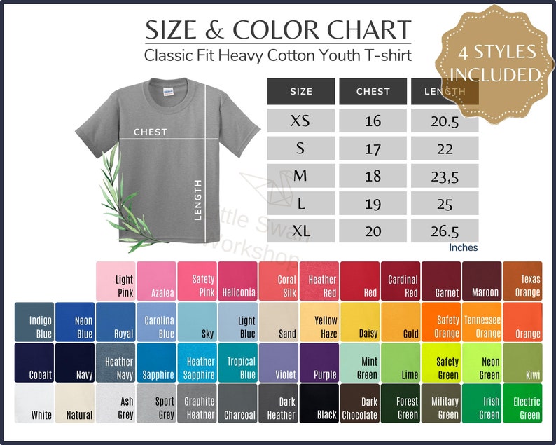May include: Size and color chart for youth t-shirts. The chart shows sizes XS to XL with corresponding chest and length measurements in inches. A gray t-shirt is shown with measurements labeled. A color chart shows a variety of colors for the t-shirts.