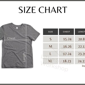 May include: Size chart for a t-shirt with measurements in inches for chest and length. Sizes include S, M, L, and XL.