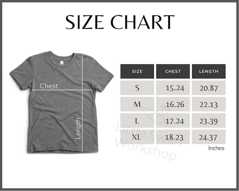 May include: Size chart for a t-shirt with measurements in inches for chest and length. Sizes include S, M, L, and XL.
