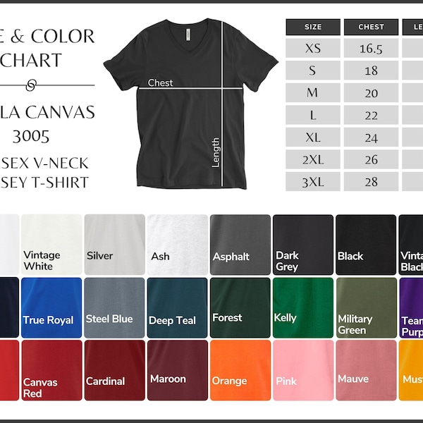 Bella Canvas 3005 Color Char, BC V-Neck 3005 Tee Color and Size Chart, Every Color Mockups and Size Guide, All Colors