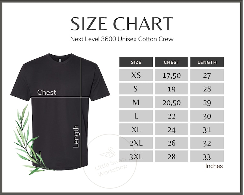 Next Level 3600 Size Chart Next Level 3600 Unisex Crew - Etsy