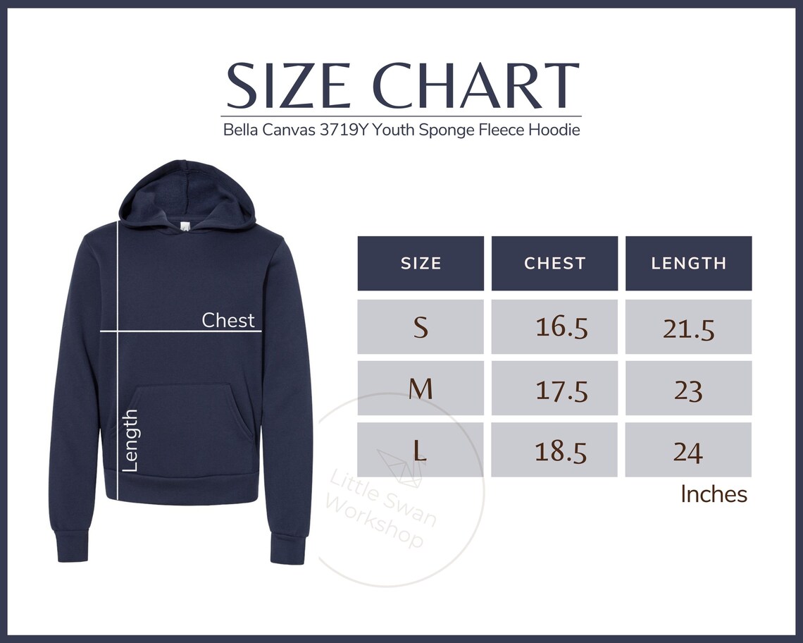 Bella Canvas 3719Y Size Chart Youth Hoodie 3719Y Size Table - Etsy