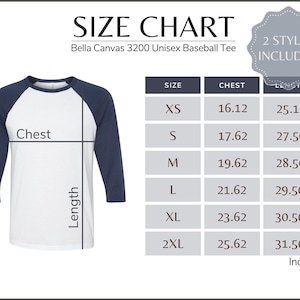 Bella Canvas 3200 Size Chart - 3200 Unisex Baseball Tee Size Table - Bella Canvas 3200 Mockup and Size Guide, White background