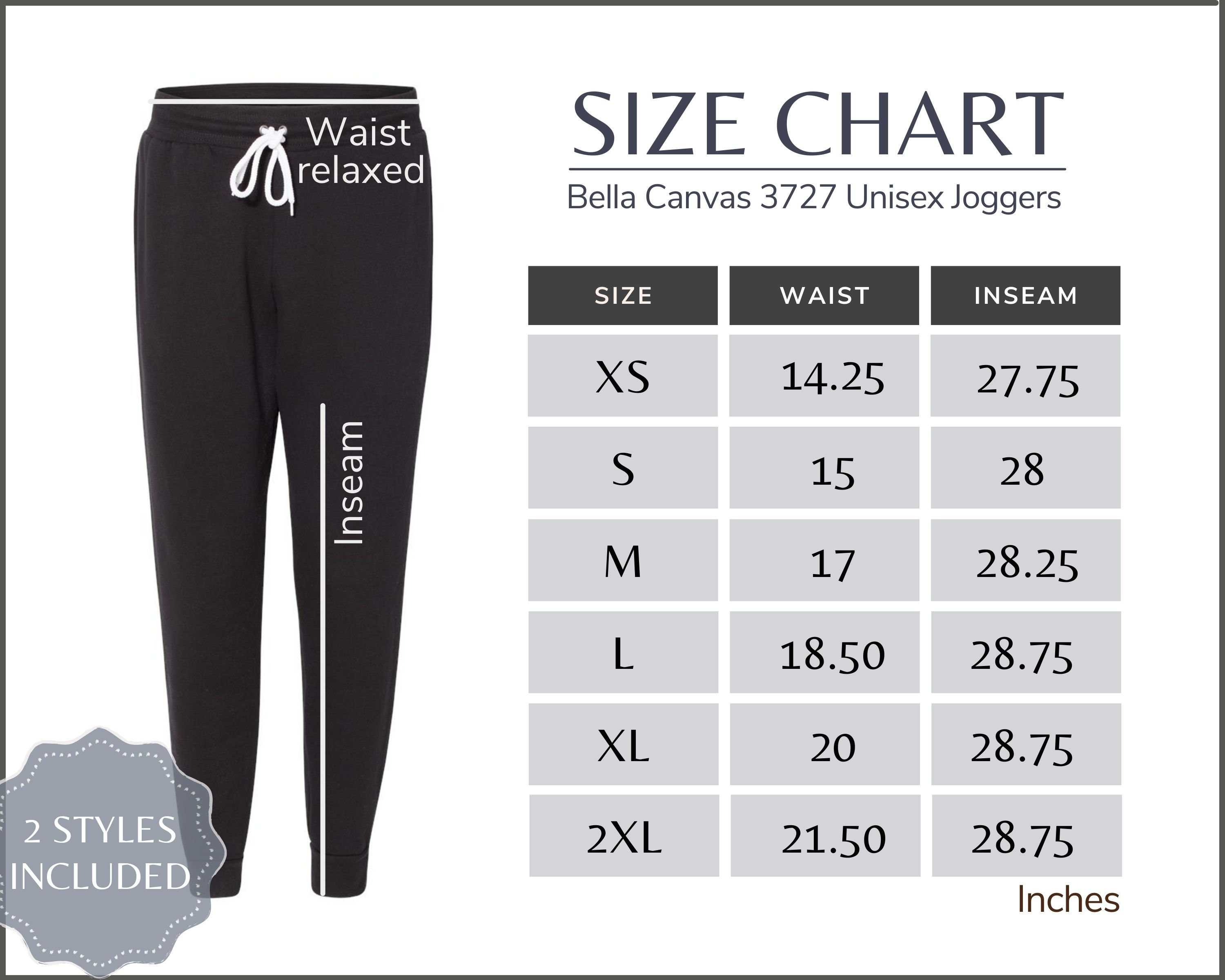 Bella Canvas 3727 Size Chart - 3727 Unisex Joggers Size Table - Bella  Canvas 3727 Mockup and Size Guide, White background