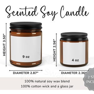 Tabela de tamanhos de potes âmbar para velas de soja perfumadas, guia de tamanhos de 4 onças e 9 onças, impressão sob demanda, POD