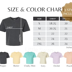 May include: Size chart for a cropped t-shirt in various colors, including pepper, butter, chalky mint, ivory, orchid, and peachy. The chart shows chest and length measurements in inches for sizes S, M, L, XL, and 2XL.
