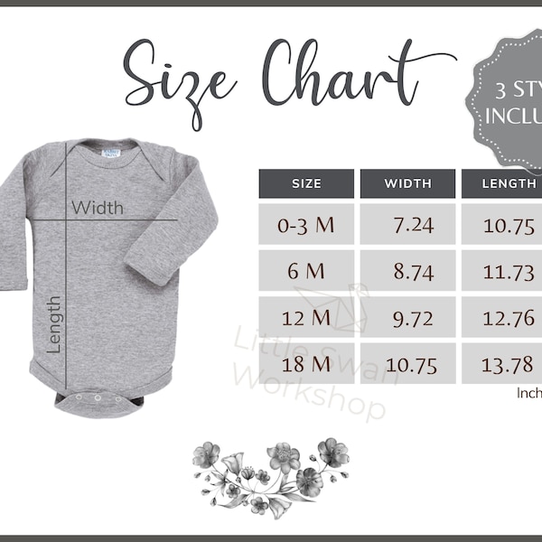 Rabbit Skins 4411 Size Chart - Infant Long Sleeve Bodysuit Size Table - Rabbit Skins 4411 Mockup and Size Guide, White background