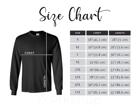 Gildan 2400 Long Sleeve T-shirt Size Chart - Inch & Cm (digital