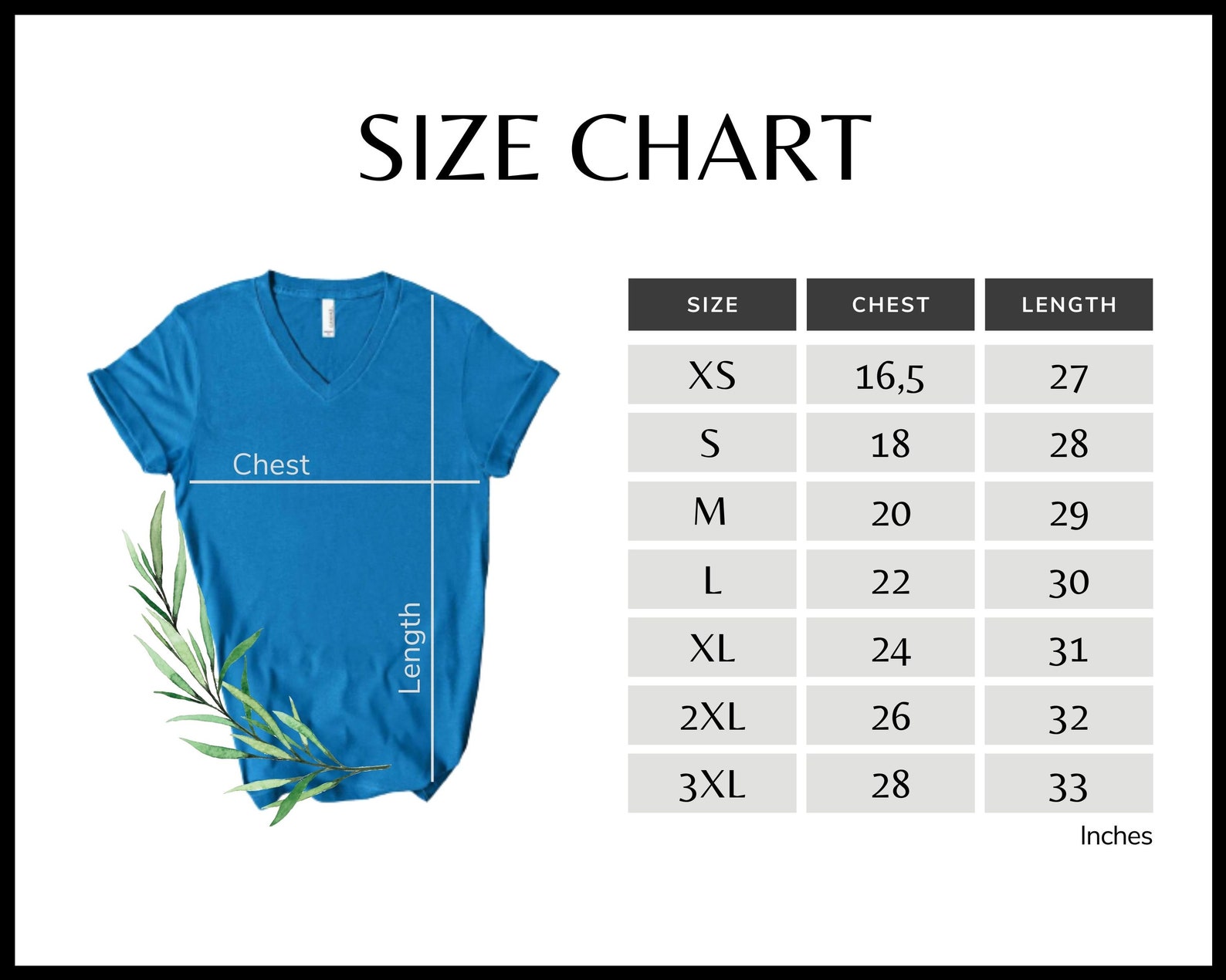bella canvas v neck size chart