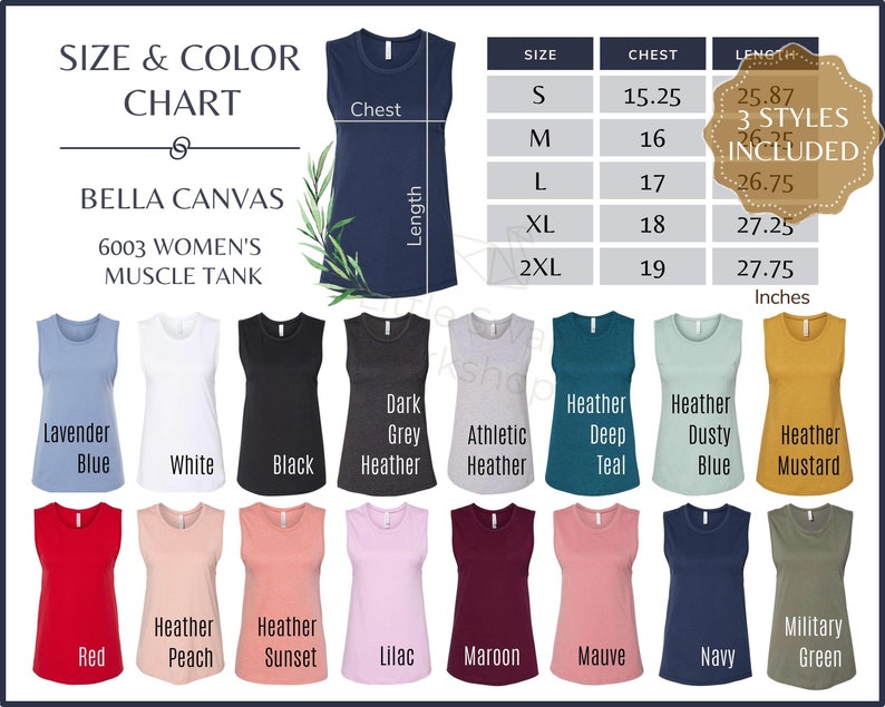 Bella Canvas 6003 Color Chart 6003 Women's Muscle Tank Size and Color ...