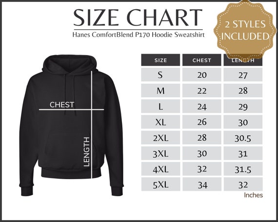 Hanes Comfortblend P170 Size Chart, Hanes P170 Pullover Hoodie Sweatshirt  Size Guide, Hanes P 170 Black Mockup and Size Table