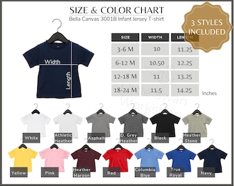 Bella Canvas 3001B Color Chart, BC 3001 B Infant t-shirt Size and Color Guide, 3001B Every Color Mockups Size Table