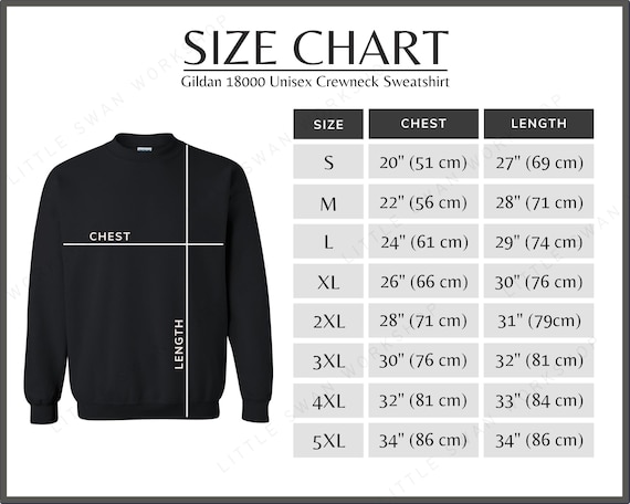 Size Chart Gildan 18000 Unisex Sweatshirt Size Guide