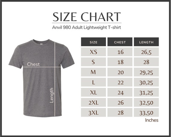 Anvil 980 Size Chart Anvil Adult T-Shirt Size Chart Anvil | Etsy