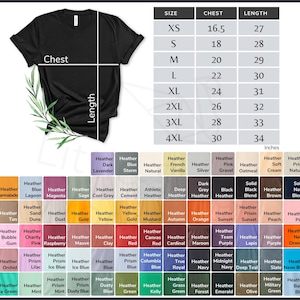 May include: A chart showing t-shirt sizing information with chest and length measurements in inches. The chart also shows a variety of t-shirt colours, including heather, solid, and prism.