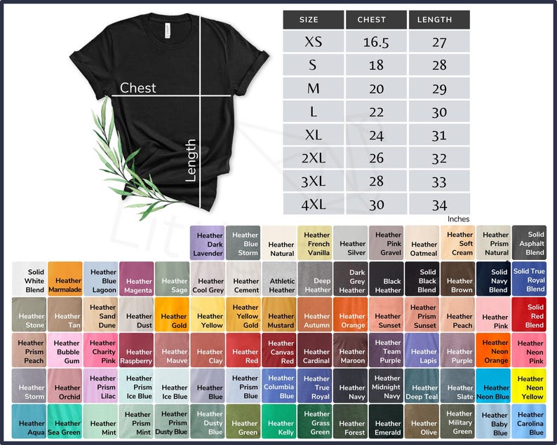 May include: A chart showing t-shirt sizing information with chest and length measurements in inches. The chart also shows a variety of t-shirt colours, including heather, solid, and prism.