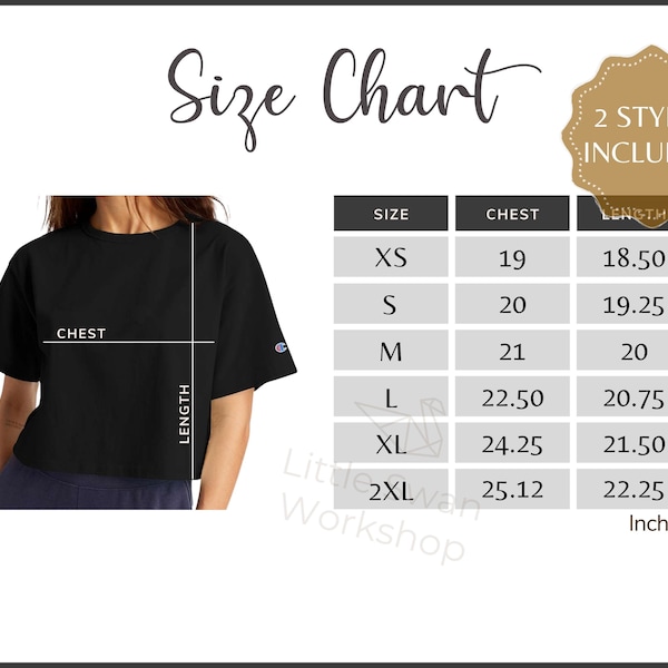 Champion T453W Size Chart - Champion T453W Women's Cropped T-shirt Size Table - T453W Black Mockup and Size Guide