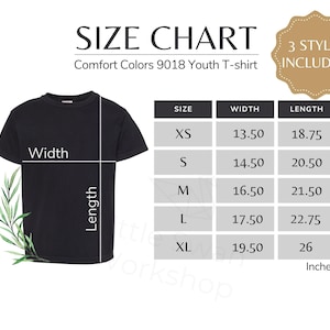 Comfort Colors 9018 Size Chart, Youth T-Shirt Size Table, Sizing Guide for 9018