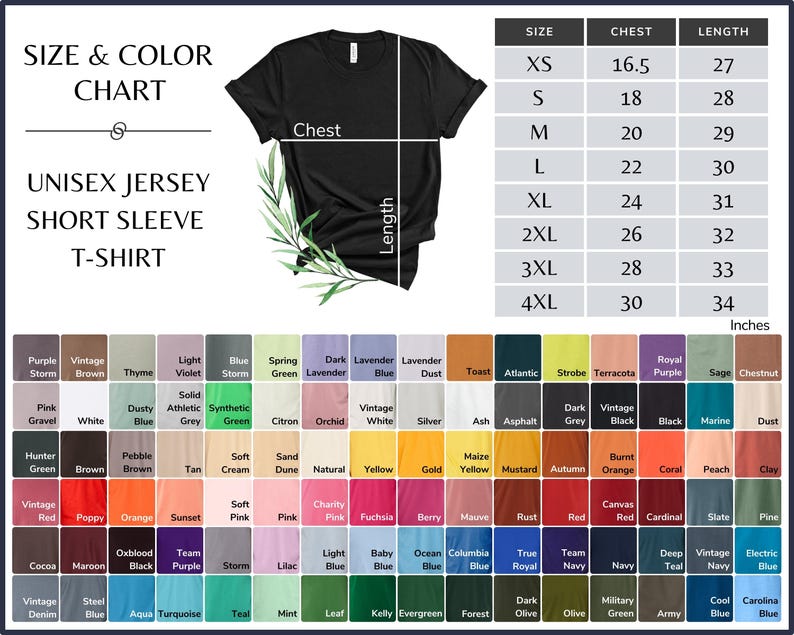 Bella Canvas 3001 Color Chart, BC Unisex Tee Solid Color and Size Chart, Sizing Guide All Solid Colors image 3