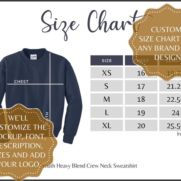 Custom Size Chart, Customized Size Guide for any design you like, Tailor made, Bella Canvas, Gidan, Next Level or any other brand