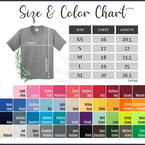 May include: Size and color chart for t-shirts with measurements in inches for chest and length.  The chart shows sizes XS, S, M, L, and XL.  The color chart shows a variety of colors including blue, green, red, pink, orange, and grey.